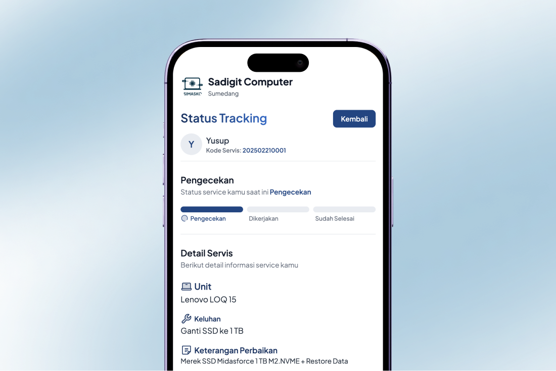 aplikasi simasko lite, aplikasi manajemen toko komputer gratis! tampilan tracking service